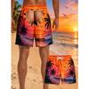 Men Funny 3D Illusion Swim Trunks, Sunset Palm Tree Ocean Wave Torn Fake Butt Print Quick‑Dry Drawstring Novelty Prank Beach Board Shorts
