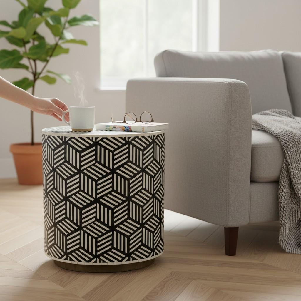 Wood Bone Inlay Drum Side Table, Bone Coffee Table Modern Patterned Cylinder Decor Table | Modern Cube Pattern Side Table | Central Table