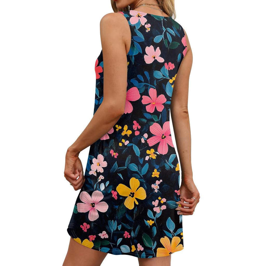 Women's Casual Retro Illustration Flower Print U-Neck Vest Dress With Side Pockets