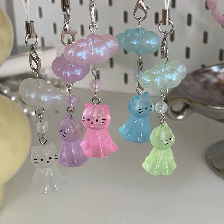 Fashionable Cat and Cloud Phone Lanyard Keychain Hanging Ornament Resin Texture Key Accessory for Various Occasion