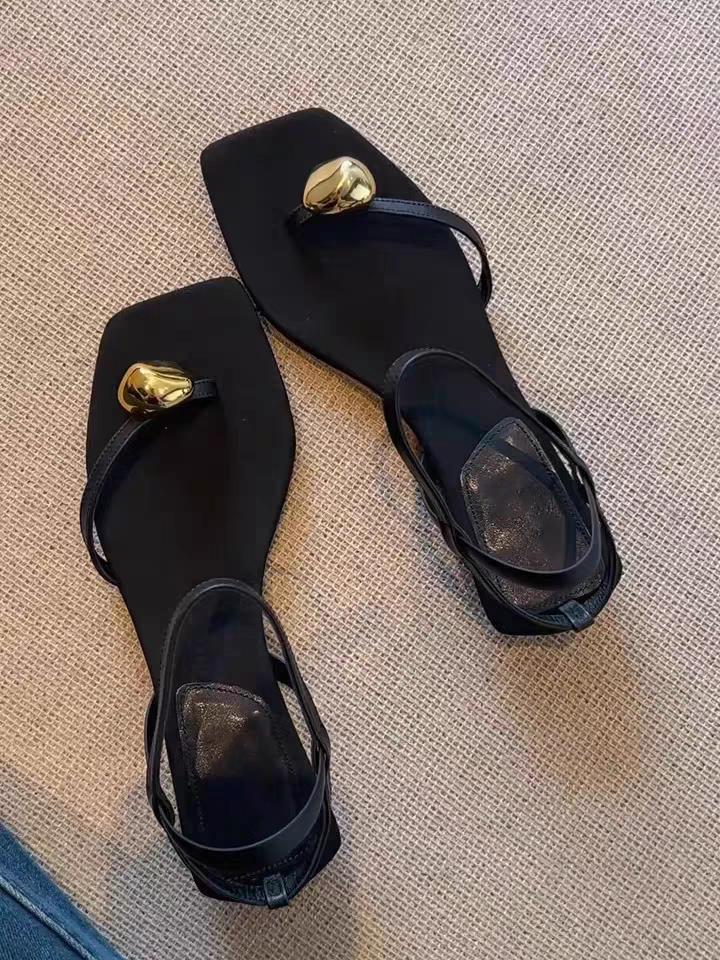 

Sheepskin temperament square head metal buckle toe sandals women s summer simple word with open toes wear cool slippers 40