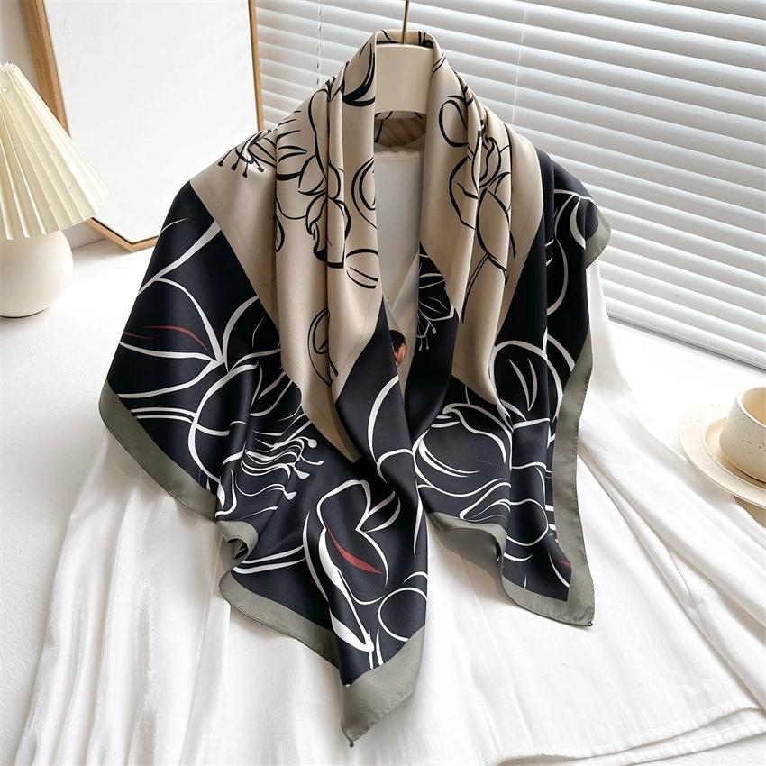 New Retro Printed Elegant 90cm Twill Fabric Stole Flower Sunscreen Wrap Square Scarf For Women