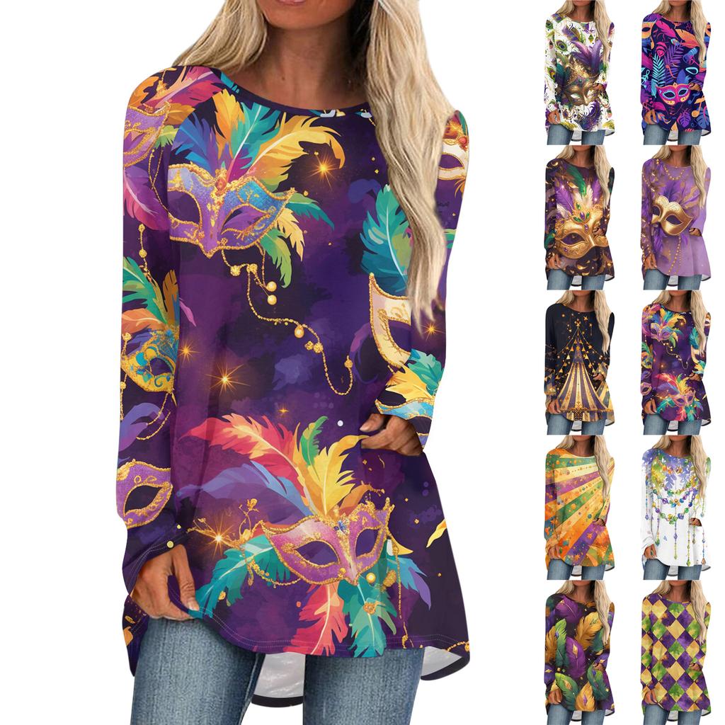 Women's Fashionable Round Neck Raglan Long Sleeved Carnival Printed Casual Pullover Top