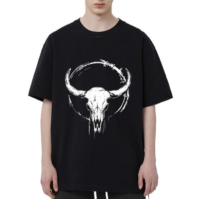 Übergroßes Rundhals-T-Shirt Schwarzer Stierschädel Grafikdruck Unisex Streetwear Freizeitkleidung