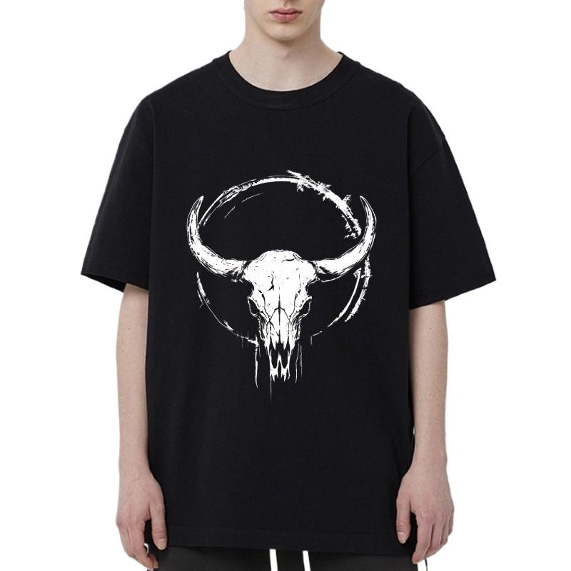 

Oversized Crewneck T Shirt Black Bull Skull Graphic Print Unisex Streetwear Casual Wear XXXXL чёрный