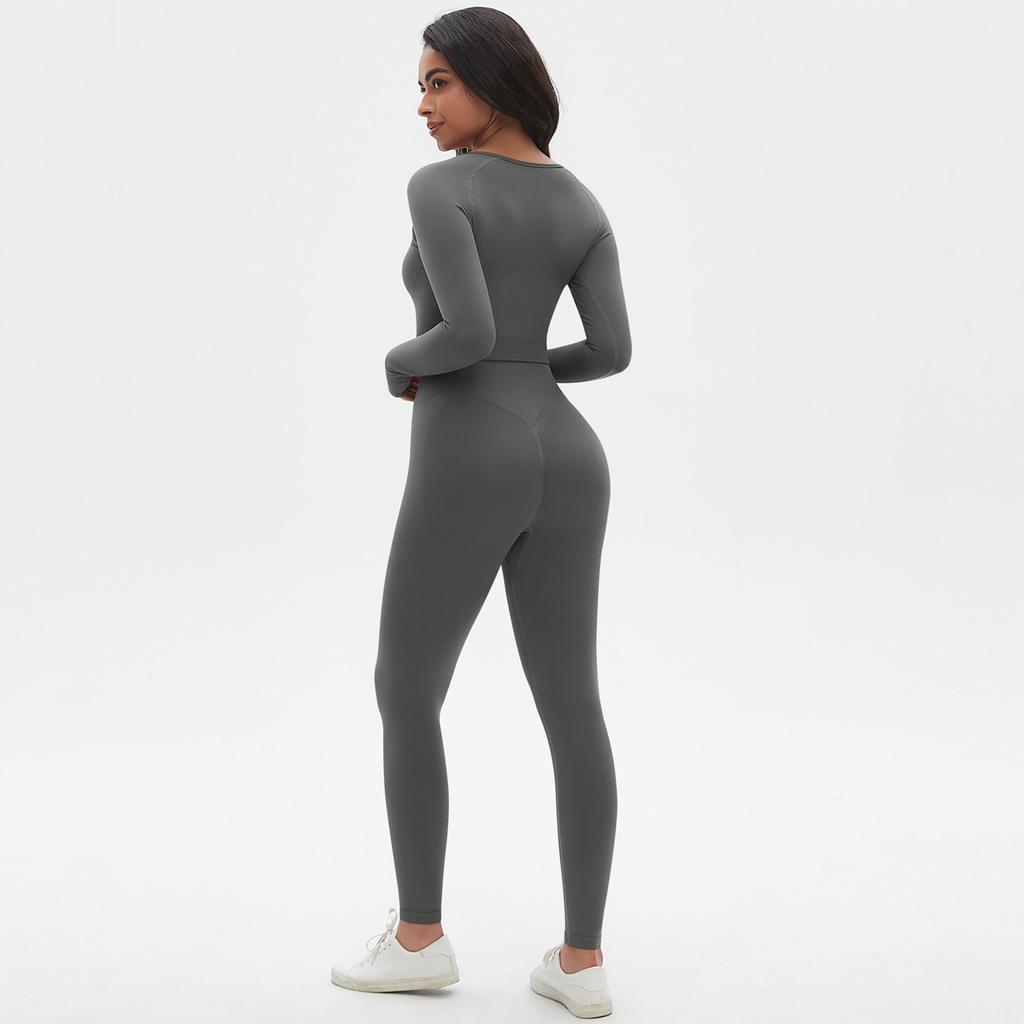 Seamless Yoga Suit Set, High Waisted And Hip Lifting Peach Pants, Tight Fitting Long Sleeved Top, Running And Fitness Two-Piece Set For Women