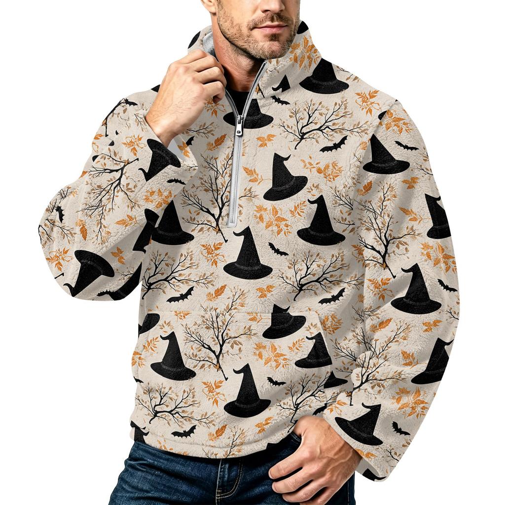 Men's Halloween Print Flannel Zip-Up Sweatshirt, Plus Size Stand Collar Casual Fall Winter Top