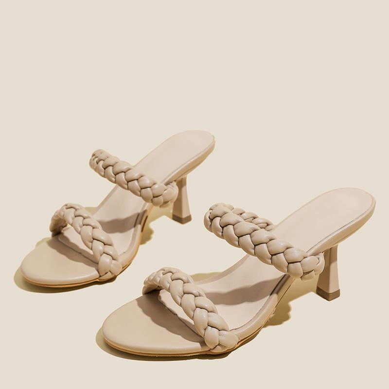 Liyke Letní pletené dámské pantofle venkovní s otevřenou špičkou nízký tenký podpatek ležérní gladiátorky dámské boty plážové nazouváky žabky