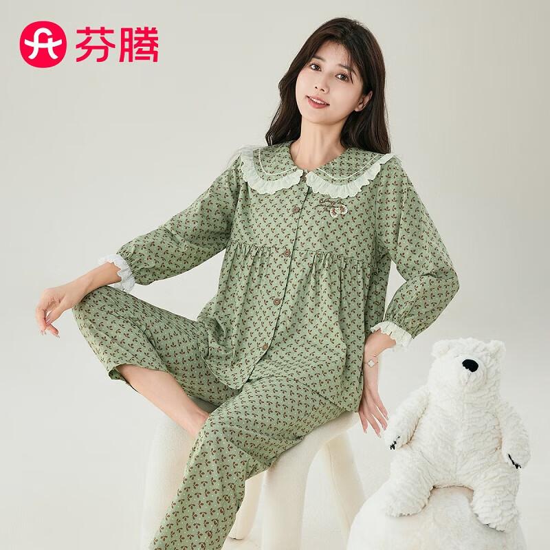 Fenteng Women s Floral Pure Cotton Pajama Set XL трава зеленый