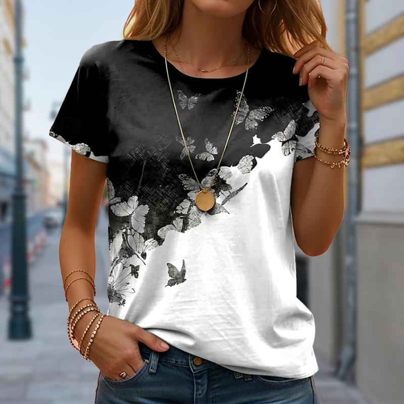 Damer Sommer T-skjorte Sommerfugl Retro Mote Kortermet T-skjorter Casual Trykte Topper