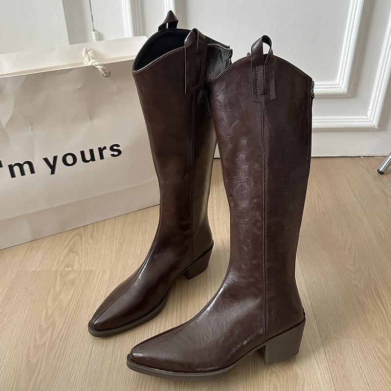 Women's High Boots Elegant Mid Heels Fashion Pointed Toe Shoes Winter Chelsea Long Boots New Pumps Gothic Mujer De Botas