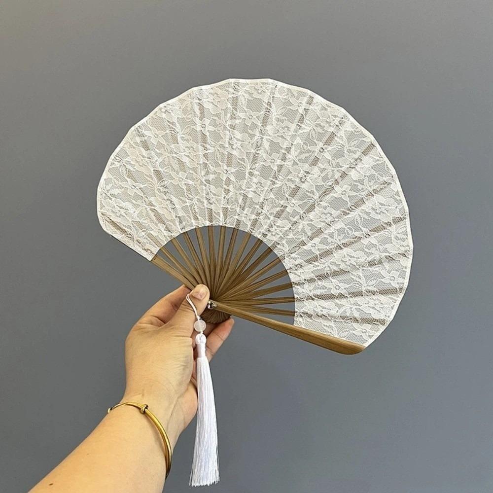 Weißer Spitzen-Handfächer Handgefertigter Muschelfächer Tragbarer Handkurbel-Fächer Zum Verschenken