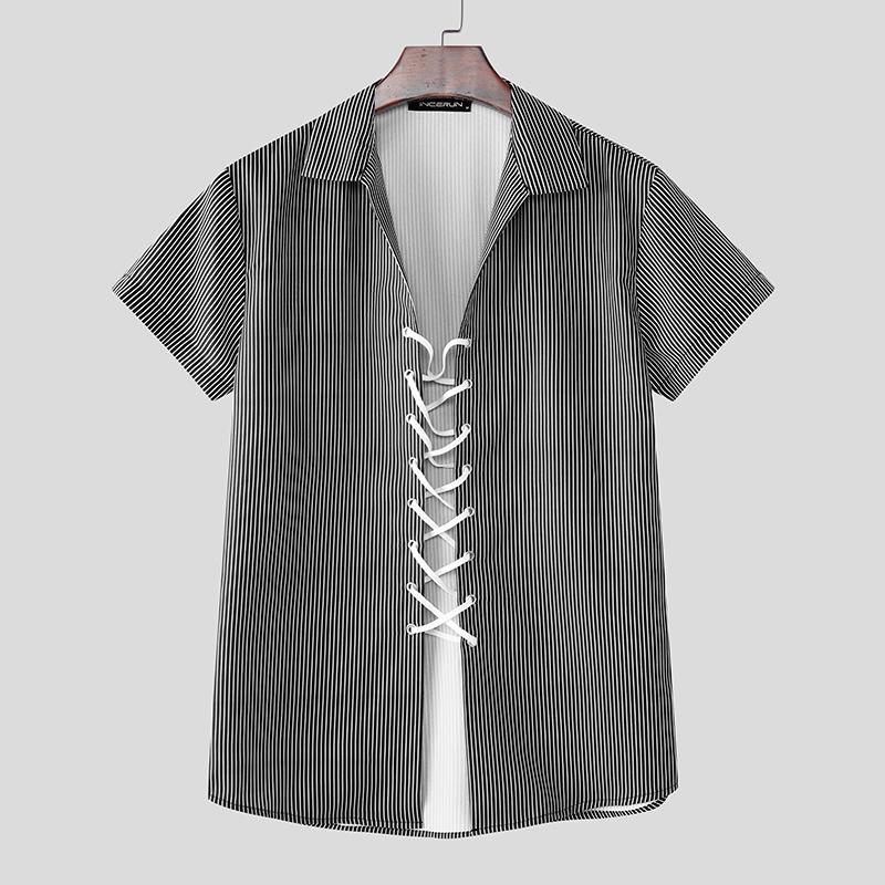 

INCERUN Men s Short Sleeve Front Bandage Striped Casual Shirts Tops M чёрный