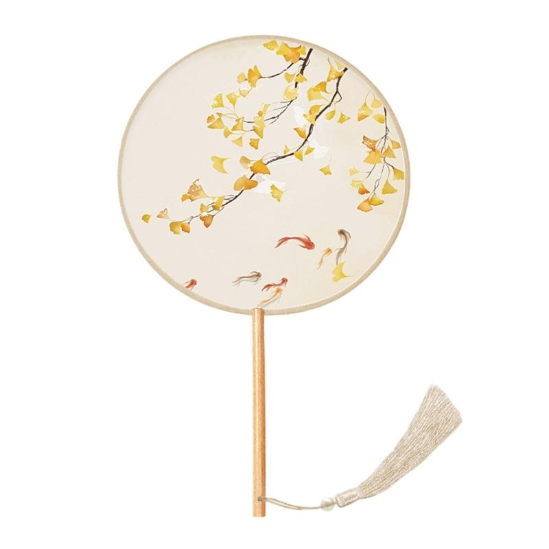 Chinese Fan with Pendant Handhelds Inks Painting Fan Tassels Round Silk Fan