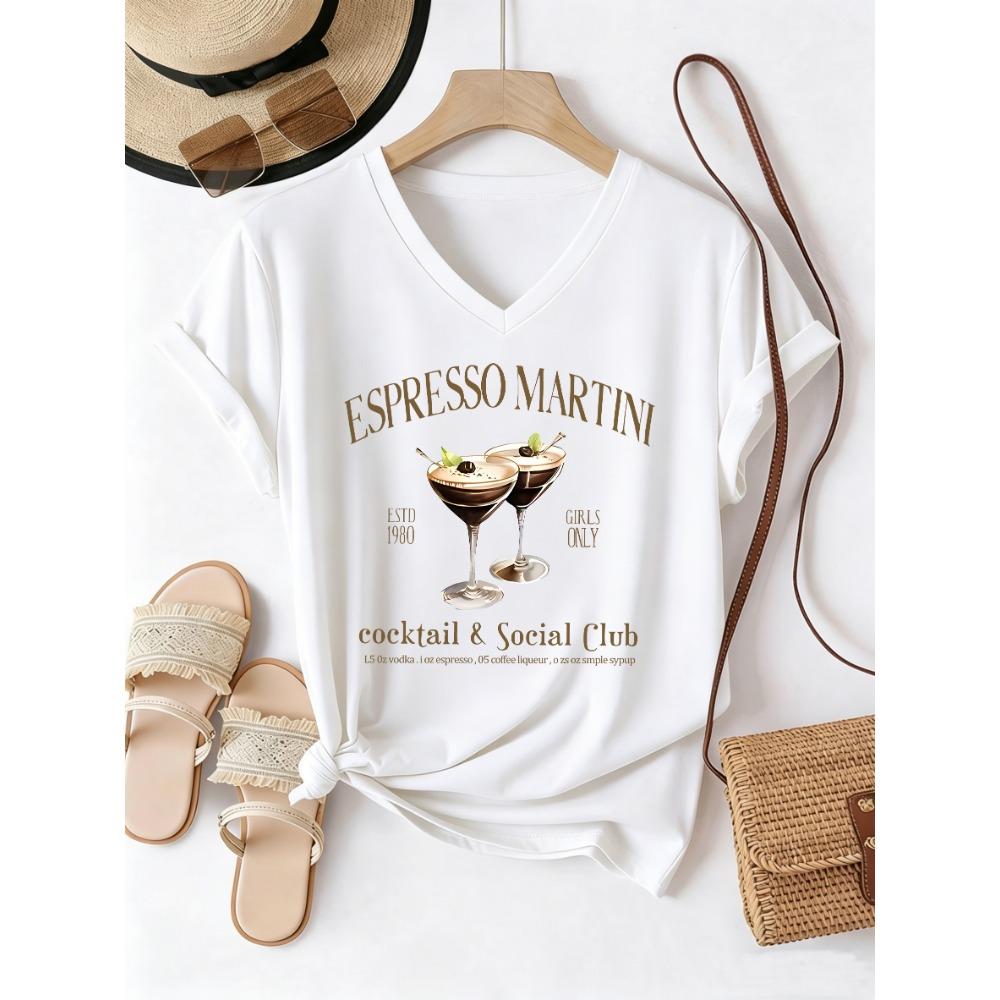 Camiseta Retro de Cócteles V-Neck Moda Casual Camisetas Mujer Manga Corta Camiseta V-Neck Verano Primavera