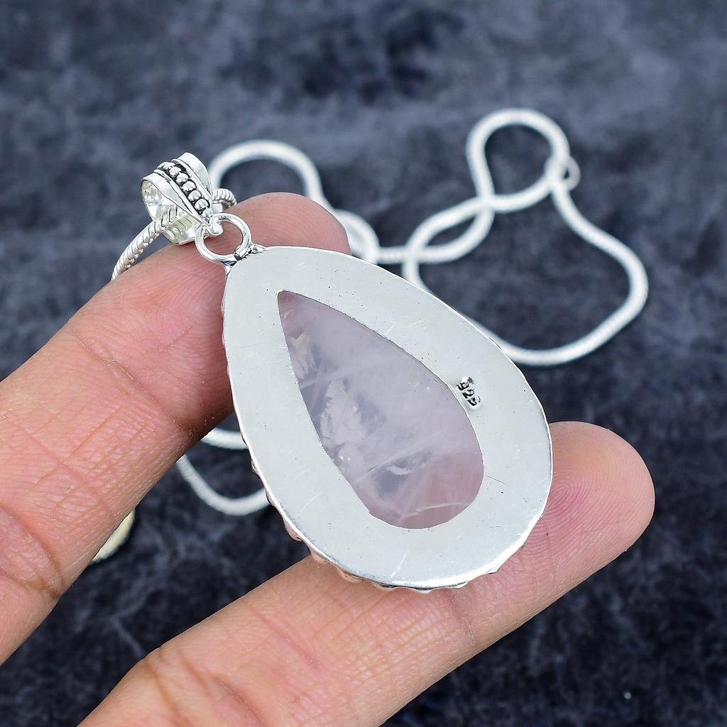 Rose Quartz Gemstone Handmade 925 Sterling Silver Jewelry Pendant 2.21" M-2979