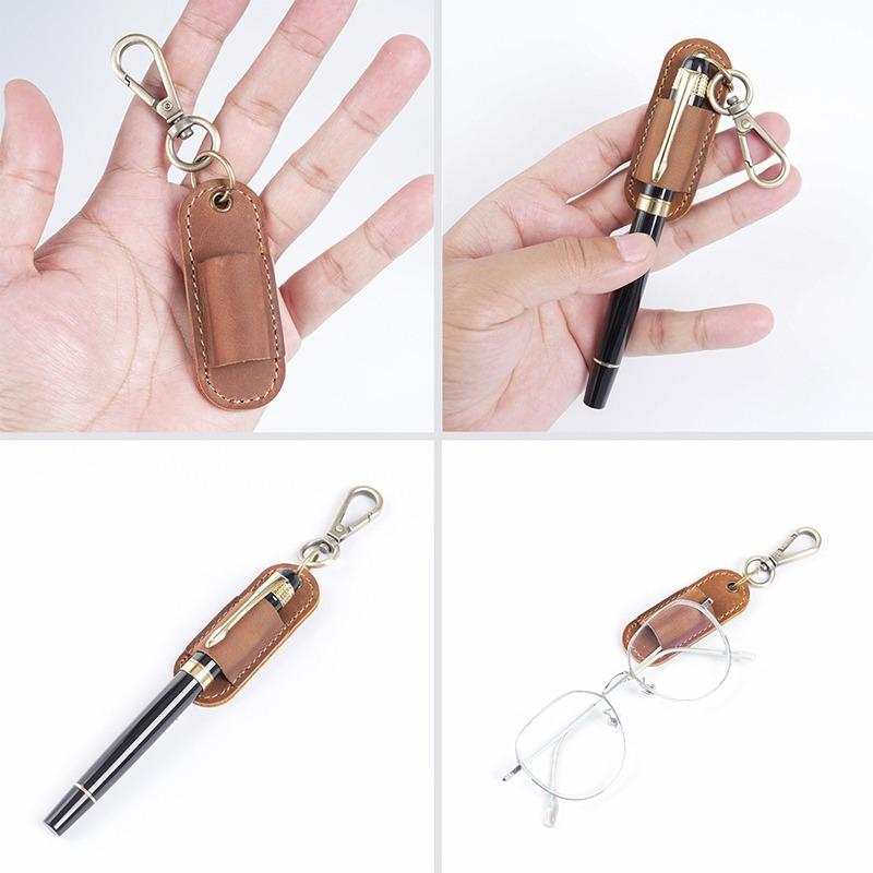 Luxury Genuine Leather 1 Slots Pen Case with Removable Pen Tray Holder Keychain Case Office School Supplies Pouch Creative Gift
