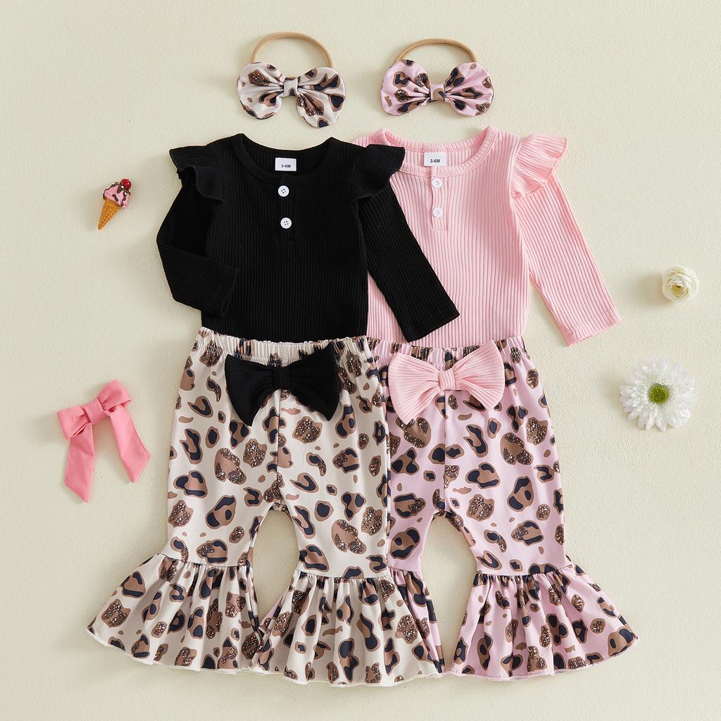 Citgeett Autumn Infant Baby Girl Fall Outfits Ruffle Long Sleeve Romper Leopard Pants Headband Casual Clothes