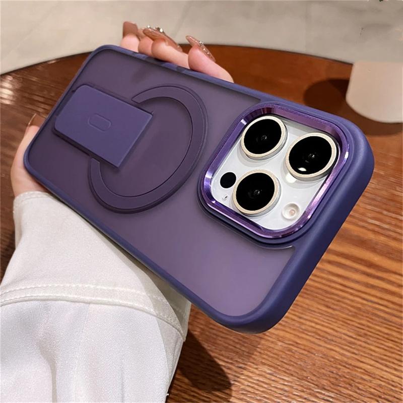 

Роскошный матовый прозрачный чехол со складным держателем на магните для телефона Magsafe для iPhone 16 11 12 13 14 15 Pro Max Plus Stand PC Cover iPhone 12 темно-фиолетового