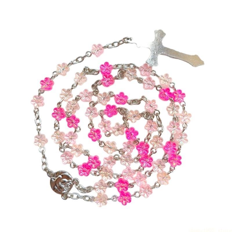 QX2E Blumenperlen Halskette Kreuze Anhänger Rosenkranz Halsketten Christlicher Langer Ketten Schmuck für Gebet Taufen Taufe