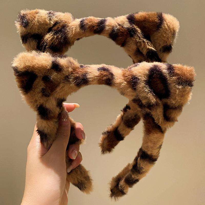 Plush Cat Ears Headband Vintage Leopard Print Hair Hoops Cute Festival Accessories Fashion By Clips Ribbon for Hair Hair Hoop