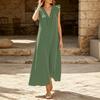 Plus Size Solid Color V Neck Ruffle Trim Sleeveless Casual Long Beach Dress for Women  Summer Beachwear