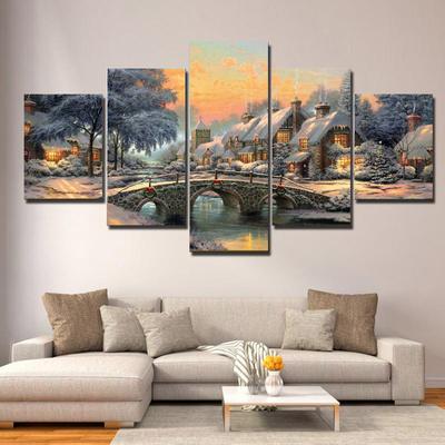 5 paneles, nuevo paisaje abstracto, pintura al óleo sobre lienzo, lámpara, casa, cabaña, montaña, carteles e impresiones, arte de pared, decoración del hogar