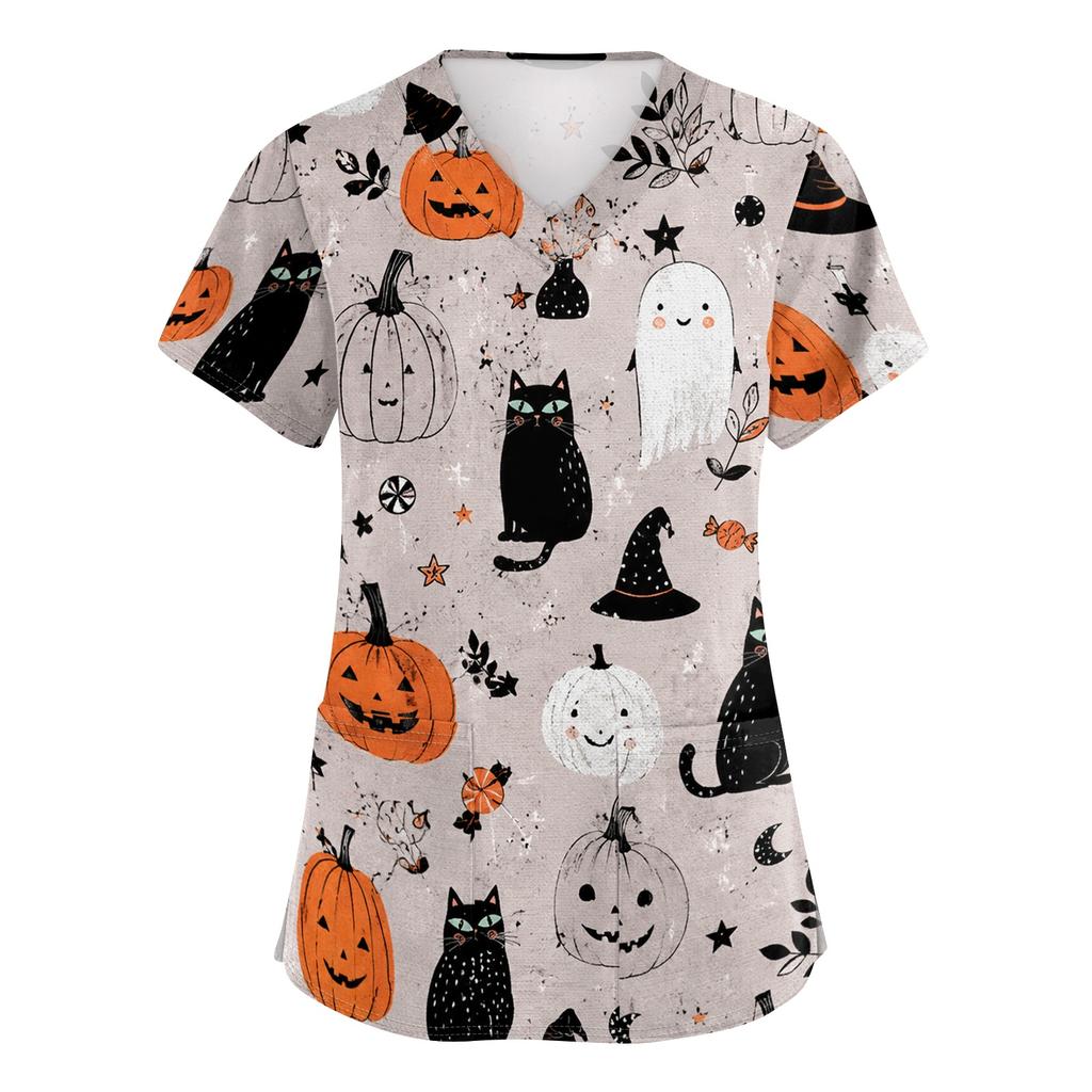 Women's V-Neck Short Sleeve Scrub Top with Pockets, Halloween Print Work Shirt for Clinic and Daily Wear