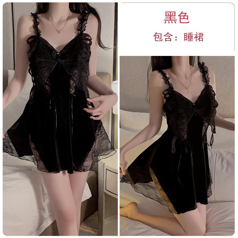 Women's Velvet Butterfly Deep V Padded Sleep Dress with Robe Lounge Set