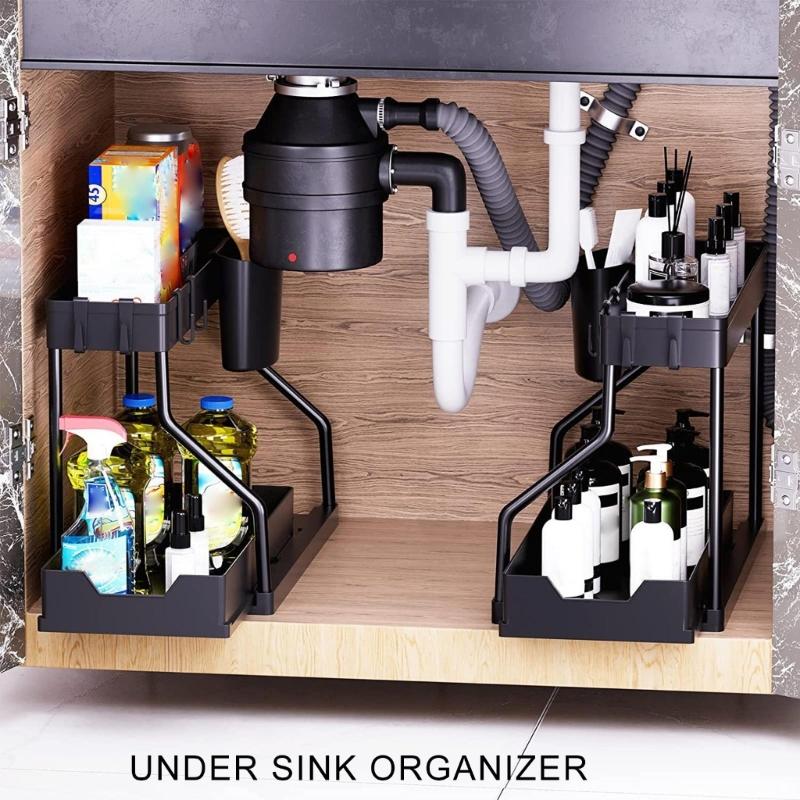 Versatile 2 Levels Under Sink Rack with Sliding Out Drawer Sturdy Spices and Dish Holder for Home Organization