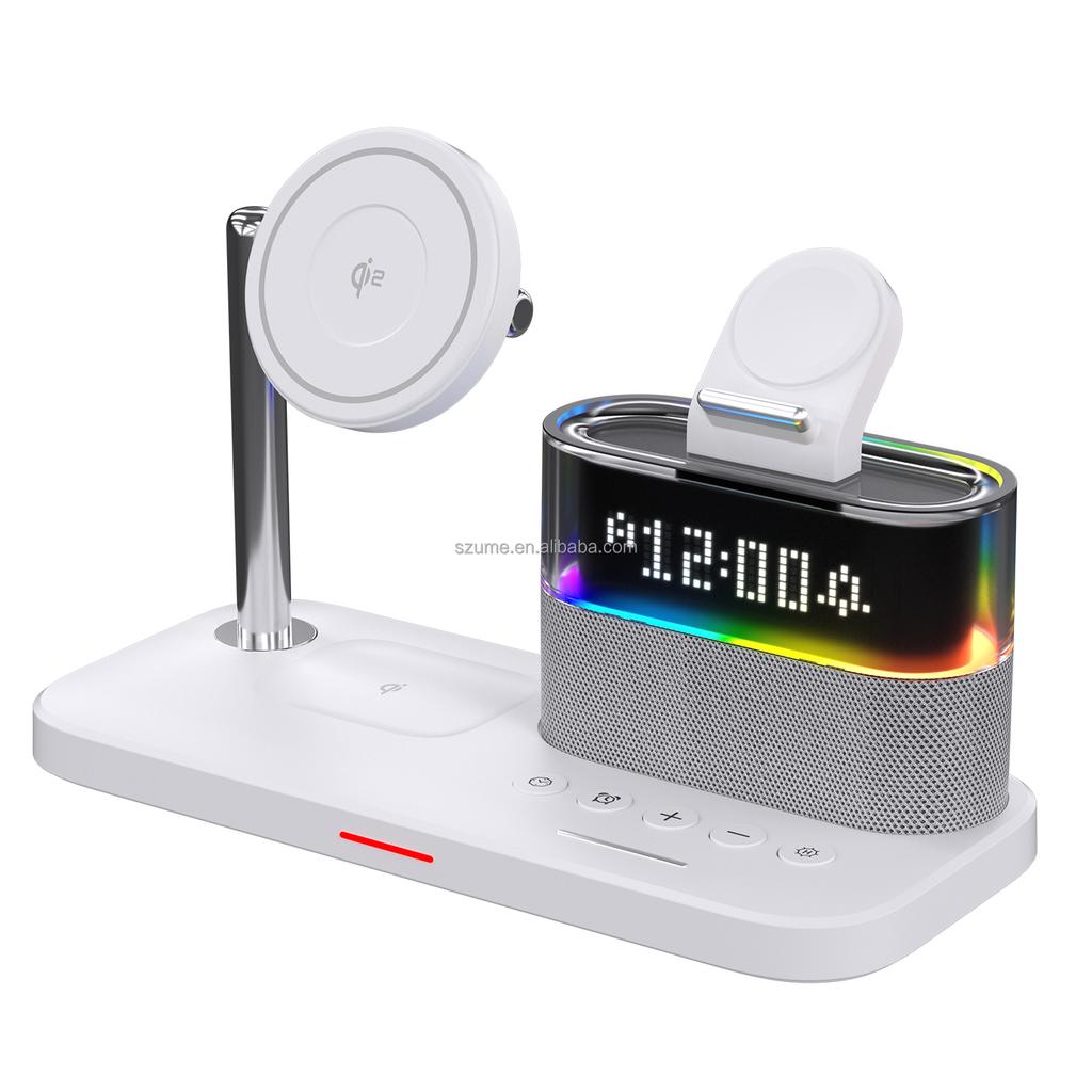 New Desk Stand Magnetic Wireless Charger Fast Wireless Charging 15W Output Type-C Port LED Colorful Lights Digital Display Clock
