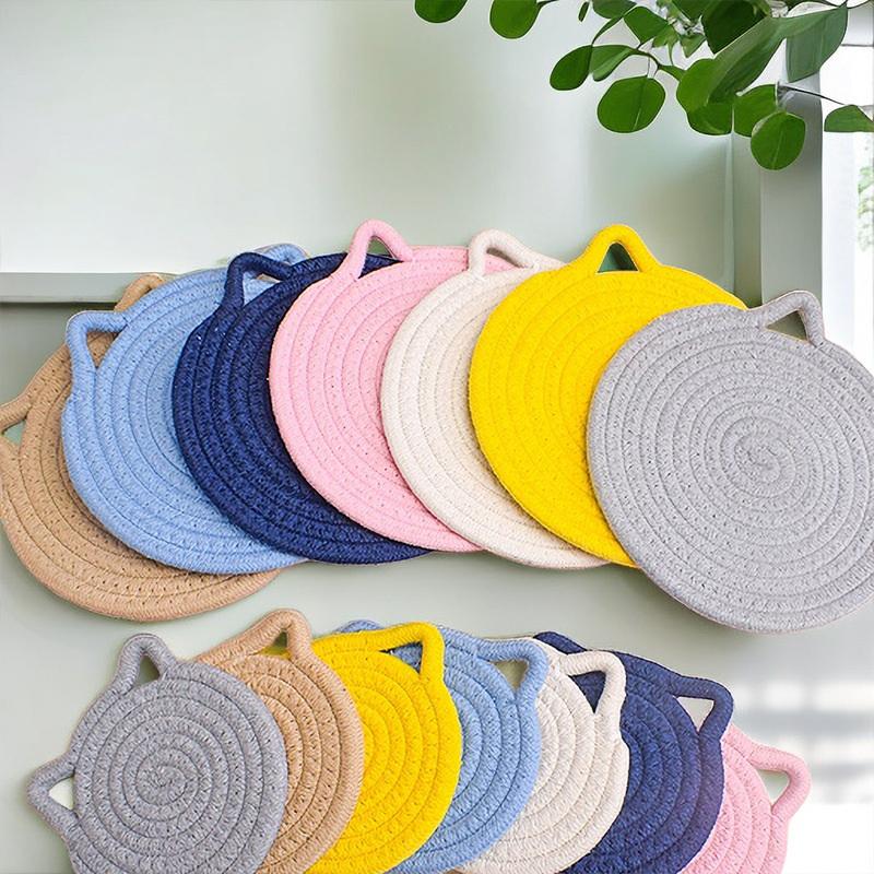 1Pc Cotton Rope Woven Insulation Pad Design Dining Table Tray Mat Insulation Pad Cartoon Cat Ear Shaped Solid Color Dining Table