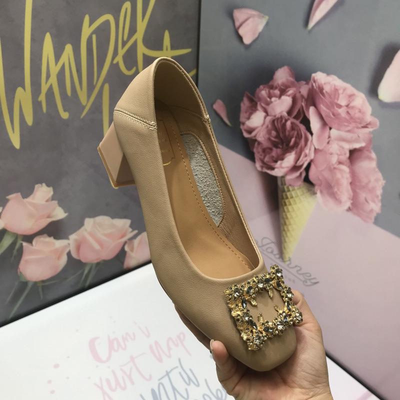 Leather square head shallow mouth spring 5 cm high heels French new versatile professional mother women's shoes temperament single shoes