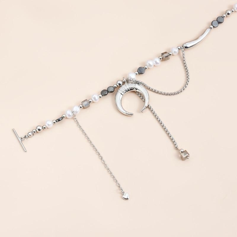 Chic Beaded Alloy Necklace Featuring Flat Moon Charm and Pearls Diamond Elements Creating Modern Fashion Look for Women