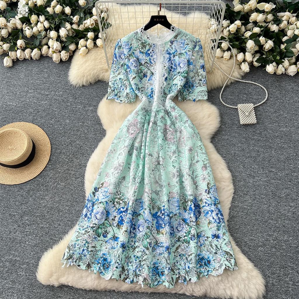 Light luxury French high sense gradual change color printing dress women's summer heavy industry hollow hook flower royal sister temperament dress