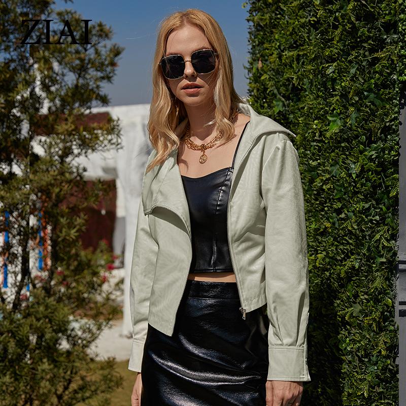 

ZIAI Новое женское пальто, весна 2022, повседневная короткая повседневная женская куртка, модные мотоциклетные куртки из искусственной кожи, верхняя одежда на молнии с поясом ZS-8T417 XL зелёный
