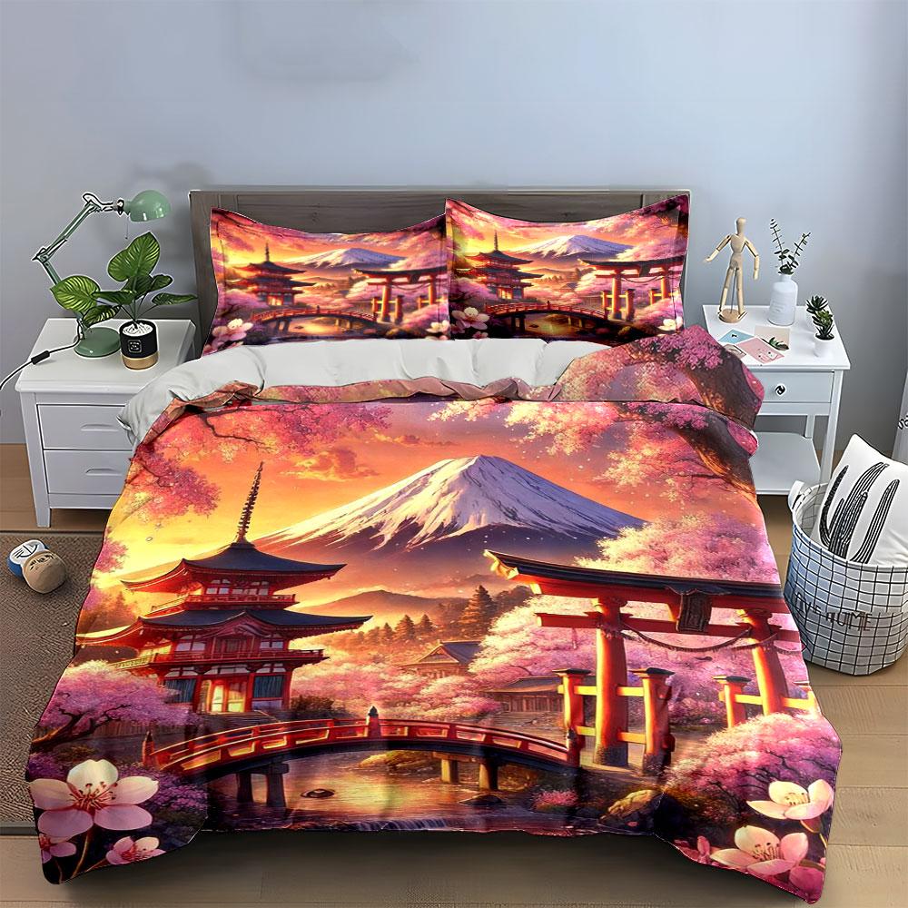 Cherry blossoms and pagoda. Bedding sets Duvet cover sets Duvet covers Pillowcases(1*Duvet Cover 2*Pillowcases without duvet insert)