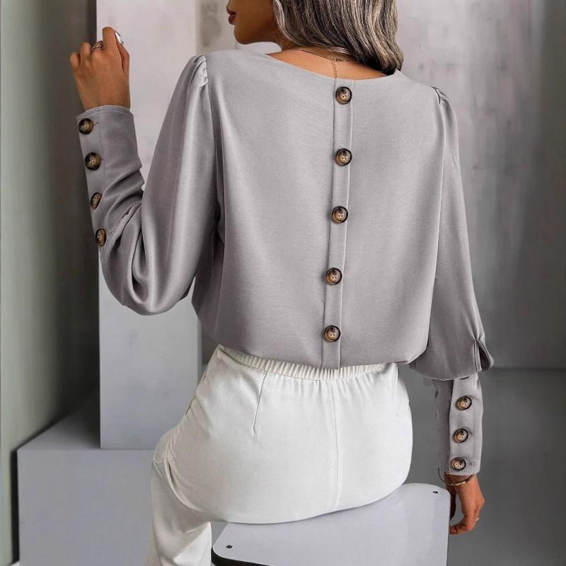 Womens Long Sleeve Solid Color Blouse Loose Fit Office Wear Winter 2025