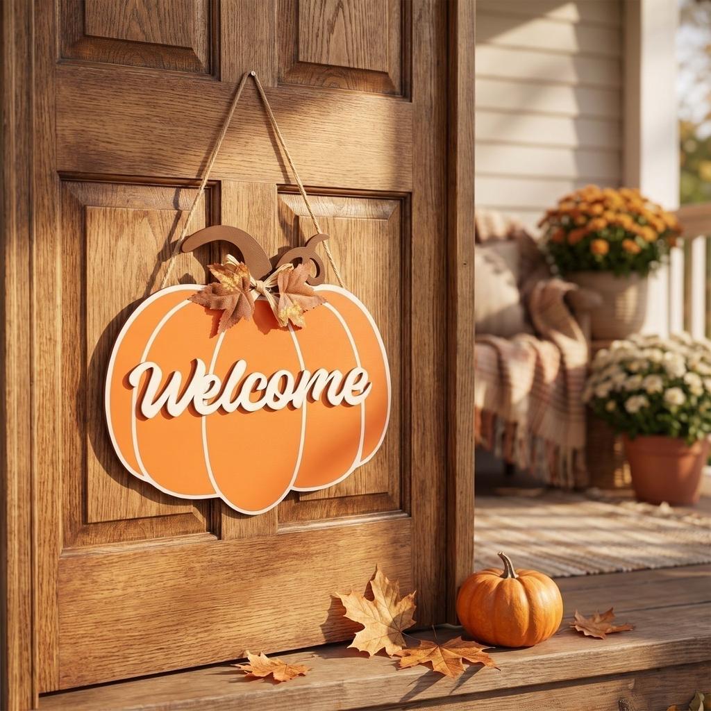 Wooden Pumpkin Fall Door Hanger Welcome Sign for Front Door, Porch, Wall - Thanksgiving Home Decor (Orange)