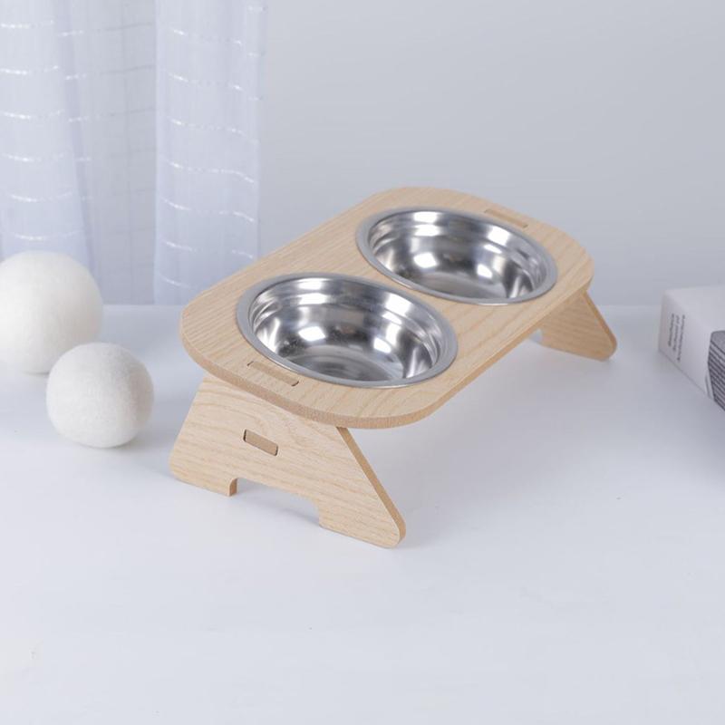 Elevated Cat Bowls Pet Feeder 15° Tilted Raised Cat Food Bowls With Wooden Stand 2 Stainless Steel Bowls For Cats And Puppy