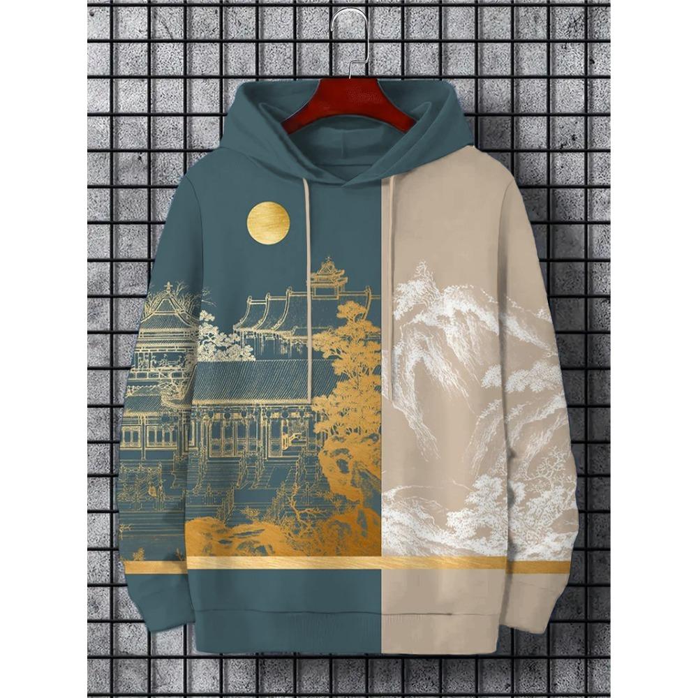 Men's Hoodie Landscape Paint Print Y2k Sweatshirt Harajuku Hooded Shirt Pullover Casual Oversized Long Sleeve Top Men's Clothing