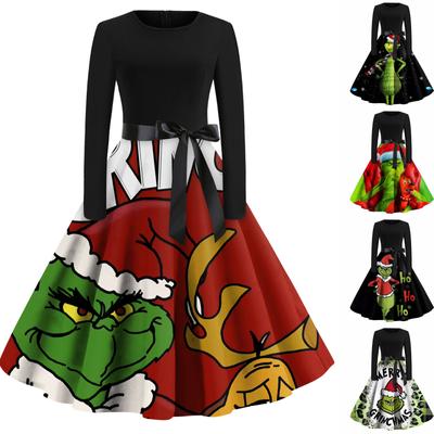 Vestido feminino estampado de Natal flare para mulheres vestido de manga comprida vestidos casuais de festa