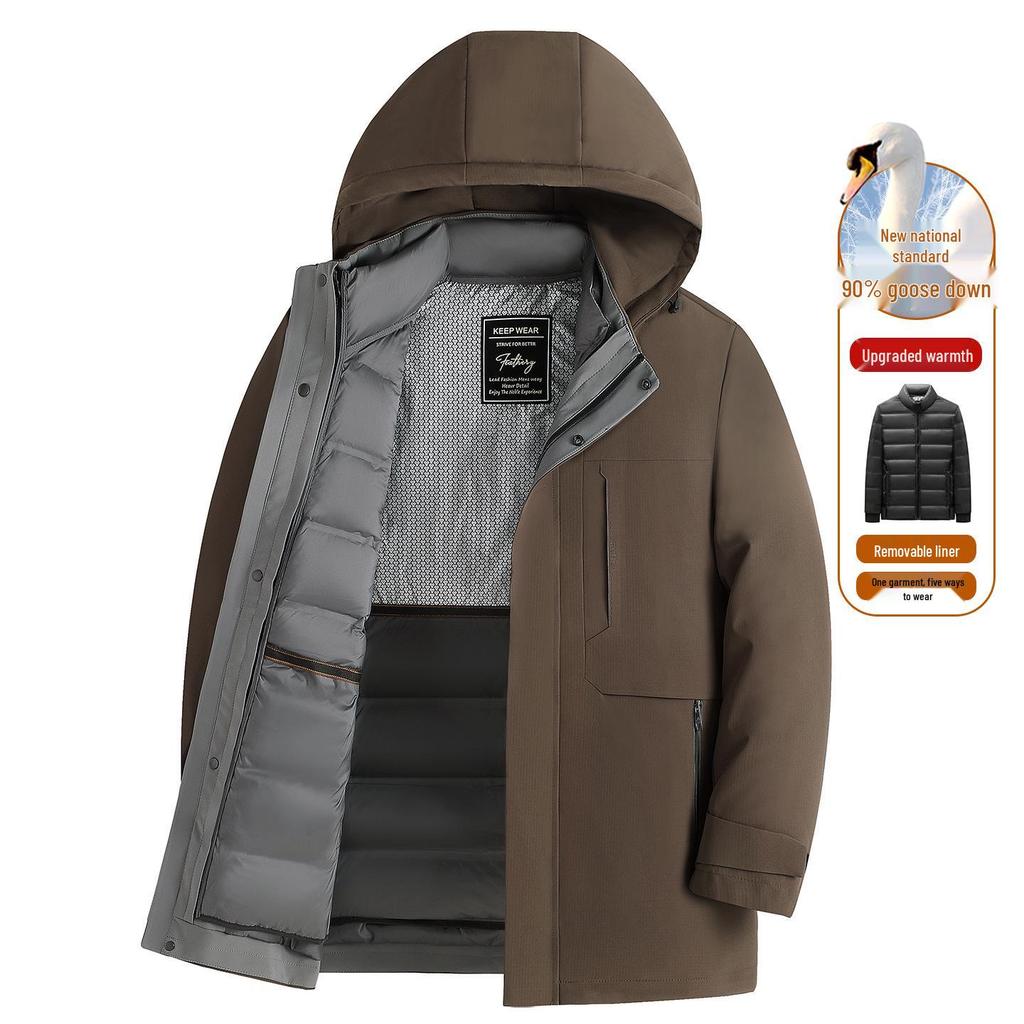 Men's Three-in-One Goose Down Mid-Length Jacket with Detachable Liner - Warm Casual Coat for Middle-Aged and Elderly Dads