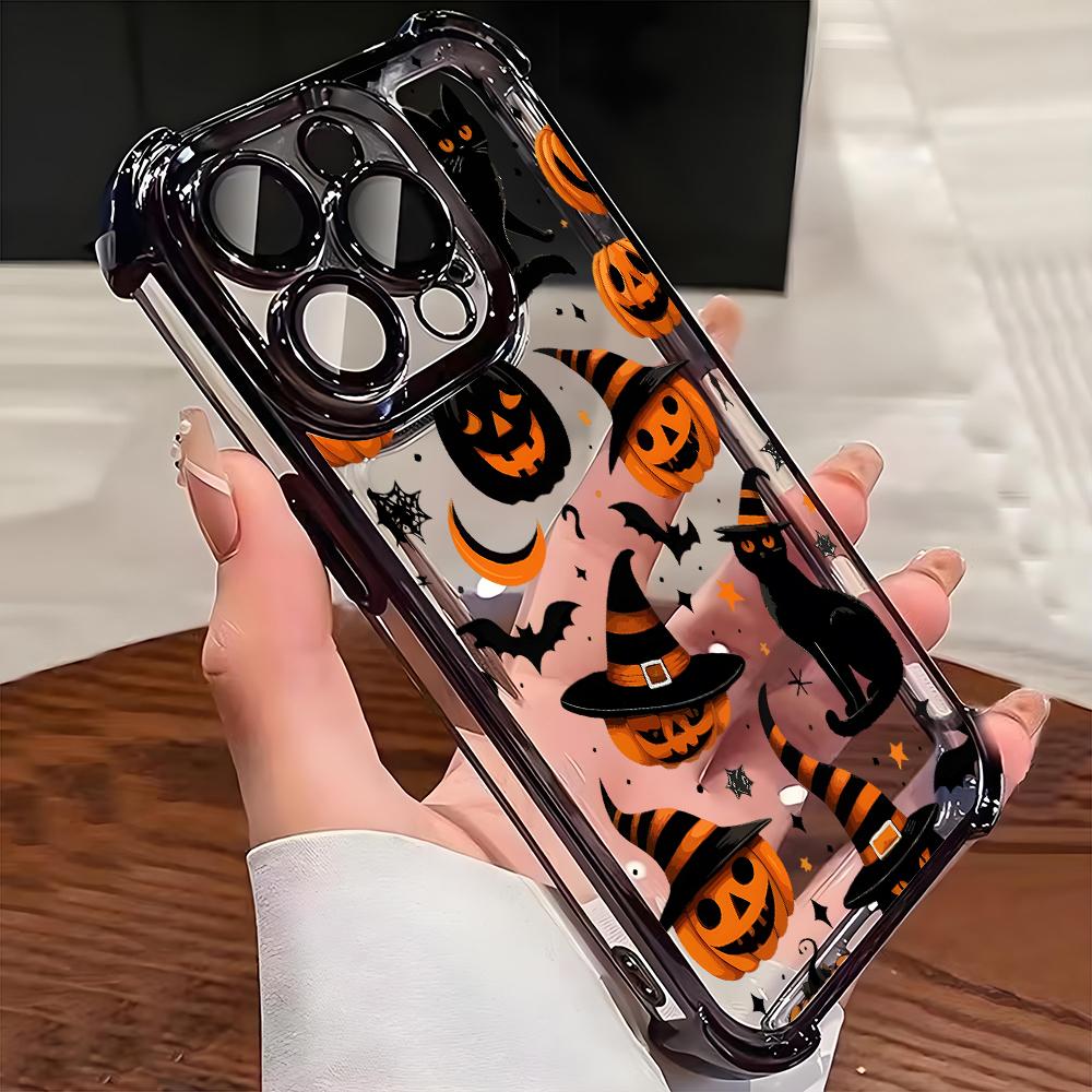 Halloween Black Cat Pumpkin Bat Pattern Phone Case For iPhone 17 16 15 14 13 12 11 Pro Max 15 16 Plus 17Air Airbag Plating Cover