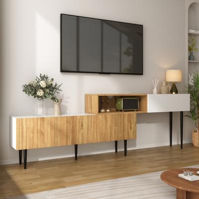 Modern TV Cabinet with Adjustable Length, Modular 2-Piece Design, Wood Look, Matt White, Black Metal Legs, Multifunctional Living Room