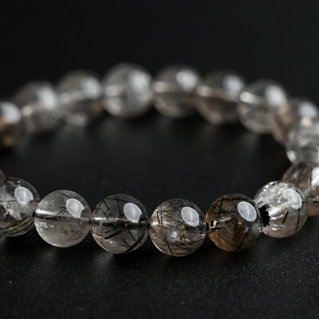 Brățară Cuarț Rutilat Fumuriu Negru Turmalină în 16cm Încheietură Putere Naturală Limitată Rugăciune Noroc Feng Shui [Eigado] (Cuarț Negru), Piatră de 9,5 mm,