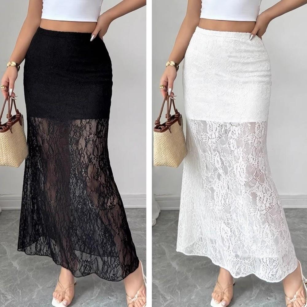 Fashion Midi Length Lace Skirt Slim Fit Transparent Fishtail Skirts Patchwork Elegant See-Through Skirt Evening Party