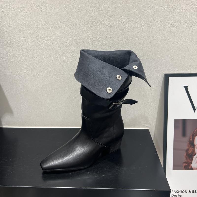 Winter Pointed Toe Suede Women High Boots Fashion Belt Buckle Slip On Shoes Concise Thick Heel Knight Long Booties