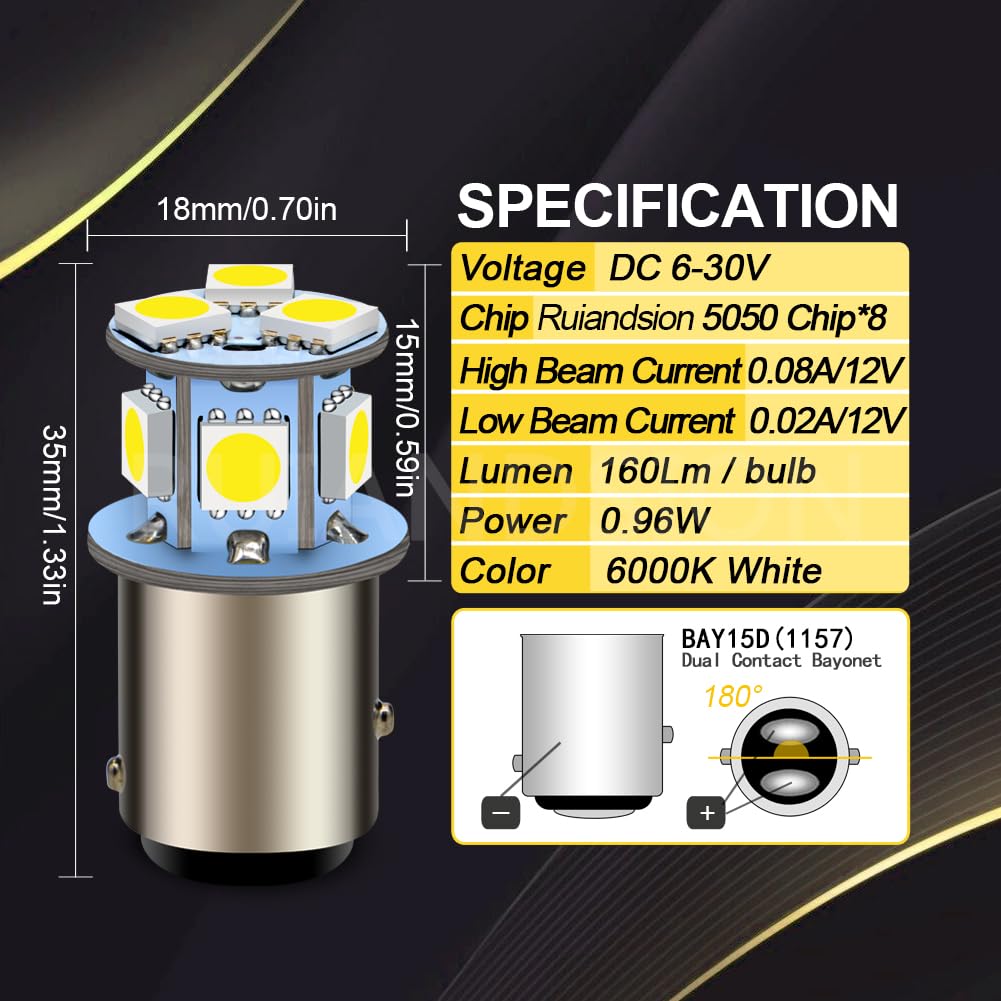 Ruiandsion 2 Pack 1157 LED 6000K White Light Bulb BAY15D P21/5W Universal AC 6-30V