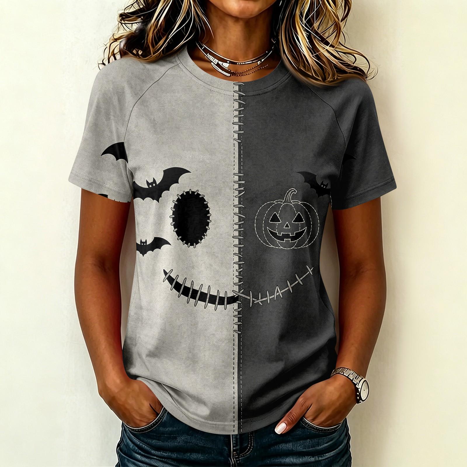 Women s Casual Halloween Print Raglan Sleeve Neck Short Sleeve T-Shirt L